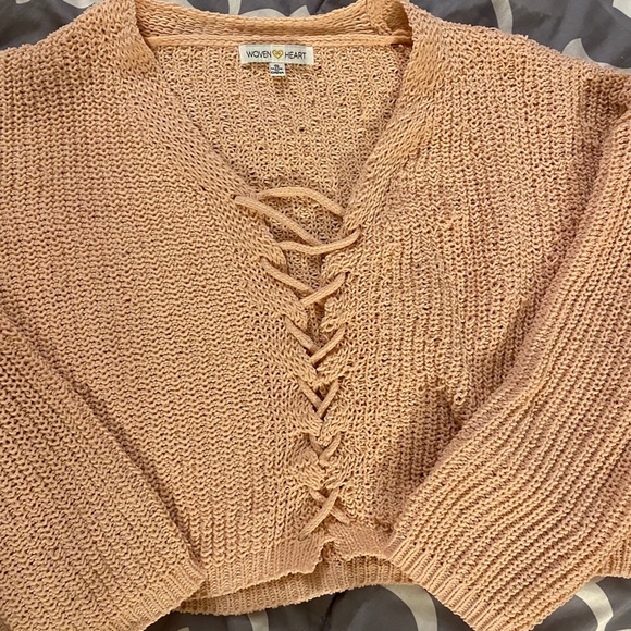 Woven Heart Lace-Up Front Pink Chenille Sweater - Picture 7 of 11
